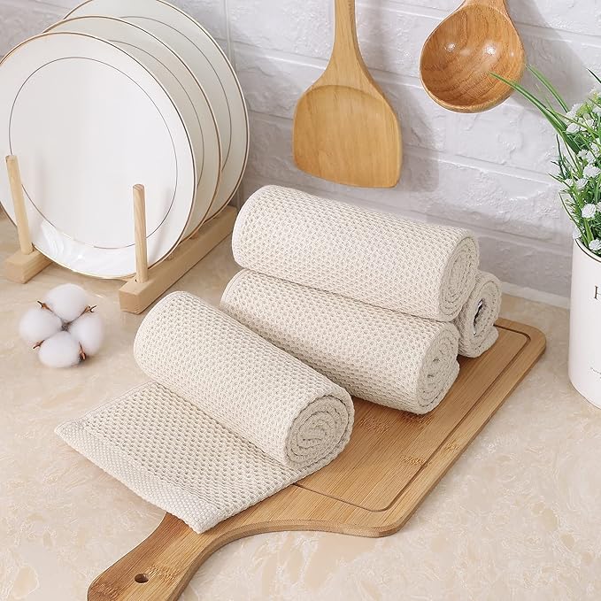 Kitinjoy 100% Cotton Waffle Weave Kitchen Hand Towels (13 X 28 Inches, Beige), 6-Pack Super Soft and Absorbent Dish Towel for Drying Dishes