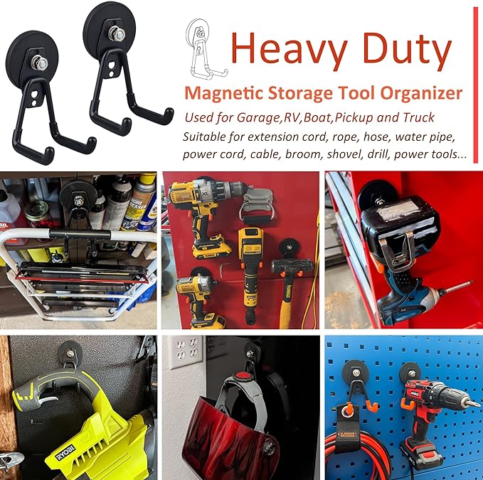 ULIBERMAGNET Heavy Duty Magnetic Garage Hooks,10 Pack Strong Large Magnet Hook for Power Drill,Garden Tools,Hose,Pegboard,Garage, Workshop,Magnetic Storage Hooks for Indoor Outdoor Hanging(Black)