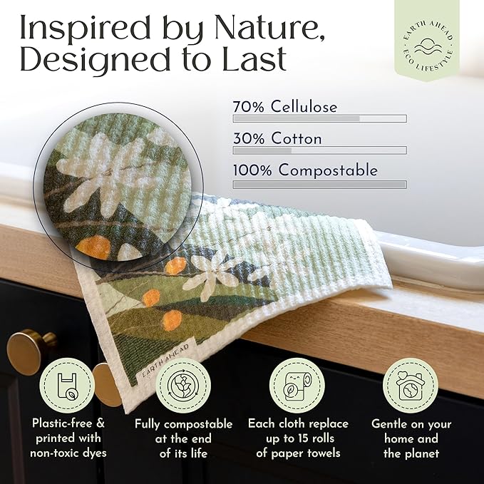 Swedish Dishcloths – Floral Designs Gift Set – Reusable Compostable Cellulose Sponge Cloth – Eco-Friendly Paper Towel Alternative 6 Pack