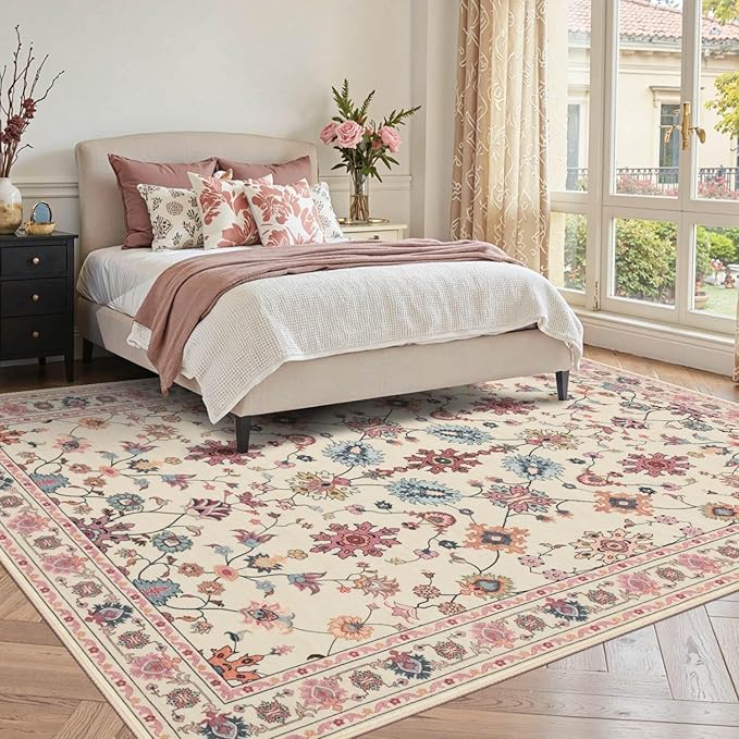 Pink Rug for Living Room Bedroom, Floral 5x7 Washable Rug,Vintage Boho Area Rug, Large Non Slip Flower Carpet for Indoor Dining Room,Girls Room,Nursery Room and Kids Room(Blush Pink 5x7ft)