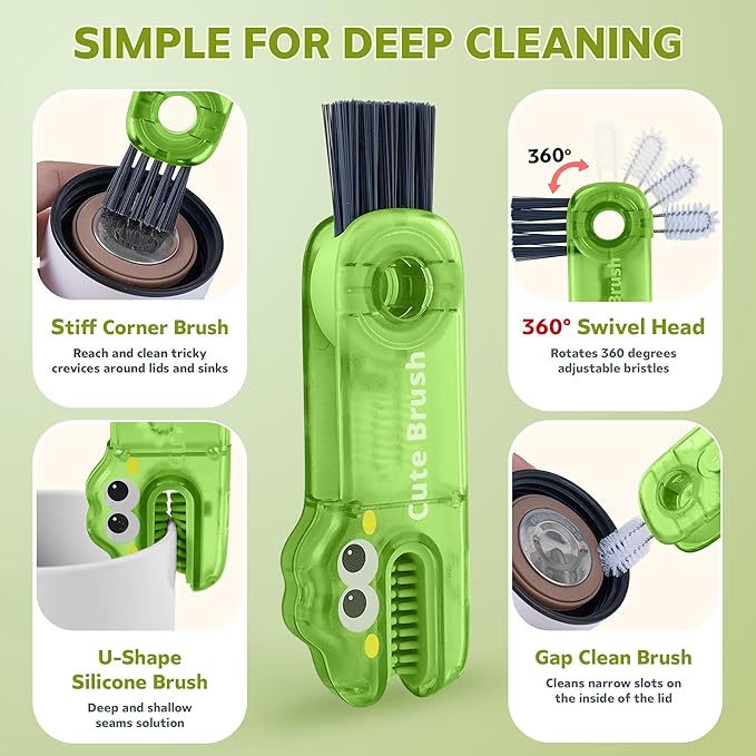 Cup Lid Cleaning Brush, 3 in 1 Lid Cleaner for Tumblers and Water Bottles, Gap Cleaning Brush with Straw Hole Detail Tool, Multifunctional Brush for Daily Use (Blue Green)