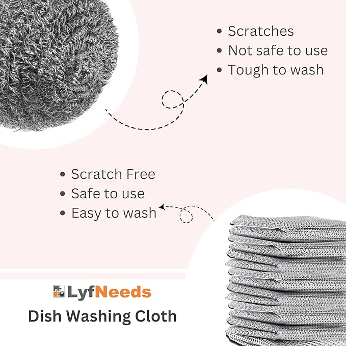 Non Scratch Wire Dishwashing Rag, 8 Pack Double Layer Reusable Wire Dishcloth, Silver Mesh Metal Cleaning Cloth for Pots, Pans, Sink, Steel Cookware, Wet & Dry Cleaning
