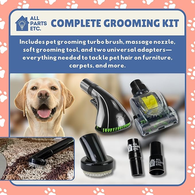 Vacuum Pet Brush Attachment Kit 5-Pack – Dog Grooming Tools with Turbo Brush, Massage Nozzle & 2 Adapters – Fits 1.25", 1.5", 1-3/8" Hoses – Compatible with Shop Vac, Shark, Miele, Bissell & More