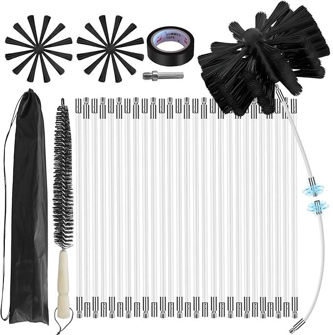 35Feet Chimney Sweep Kit,6 in Brush Head,Dryer Vent Cleaner Kit, Chimney Sweep&Chimney Cleaning Kit, Rotary Chimney Cleaning System for Flue/Fireplace/Sewage Pipe/Hood with 27 Nylon Flexible Rods