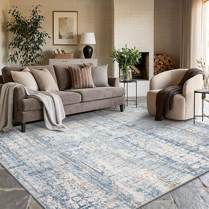6x9 Washable Area Rug for Living Room, Modern Abstract Large Boho Rugs for Office, Dining Room, Kids Room, Farmhouse, Durable Low Pile Non Slip Carpet for High Traffic Areas, Blue Beige