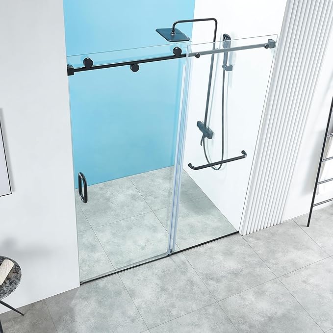 56-60" W x 76" H Frameless Sliding Shower Door, Frameless Shower Door, Shower Glass Door with 5/16" (8mm) Clear SGCC Tempered Glass, Stainless Steel Hardware O01 (Matte Black 60" W x 76" H)
