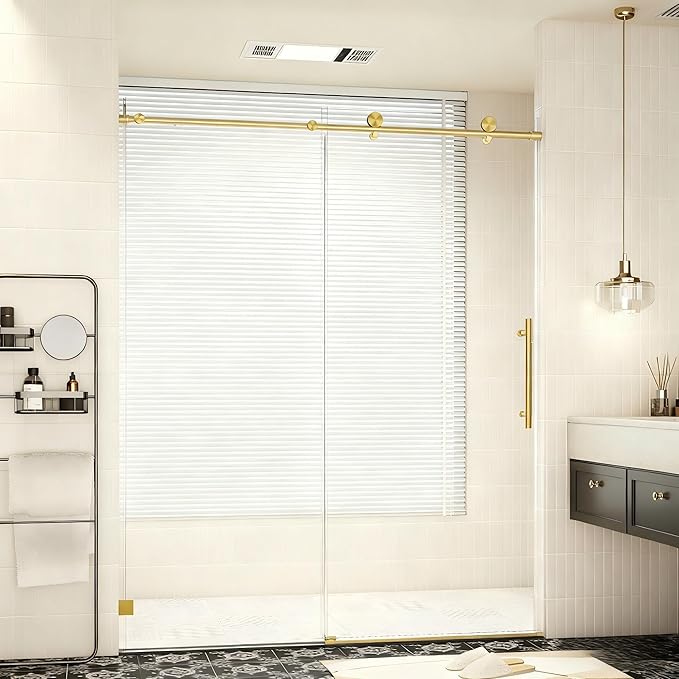 56-60" W x 74" H Frameless Shower Door, Bathroom Soft-Close Sliding Shower Doors with 5/16" (8mm) Clear SGCC Tempered Glass and Stainless Steel Hardware, Reversible Installation, Brushed Gold