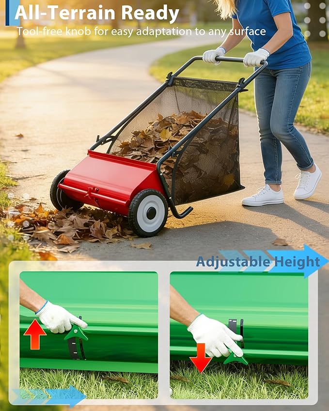 Push Lawn Sweeper, 21 Inch Extra-Wide 4-Brush System, 3.5 cu.ft. Mesh Bag, Heavy Duty Steel Frame, Height-Adjustable Yard & Garden Cleaner for Leaves and Grass, Red