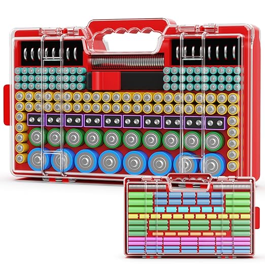 Battery Organizer Storage Holder Box Case with Tester, Ultra-Large 280+ Batteries Double-Sided Variety Pack,Holds AA AAA 4A C D Cell 9V 3V Lithium18650 LR44 CR2 CR123 CR1632 - Red