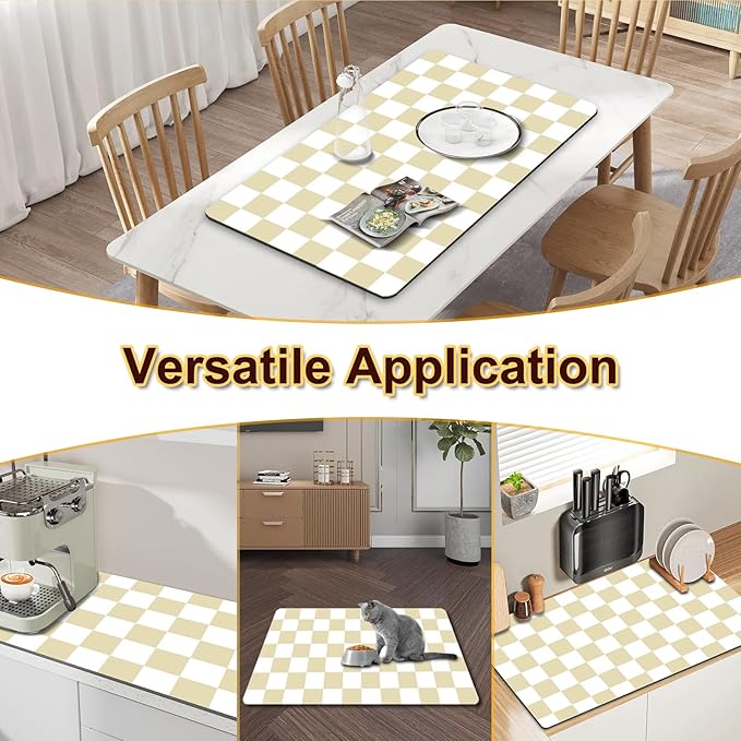 Dish Drying Mat for Kitchen, 15.7’’ X 17.7’’ Coffee Bar Mats for Countertop Fit Under Coffee Maker, Checkered Drying Mat, Hide Stain Rubber Backed Espresso Machine Absorbent Drying Pad, Beige & White