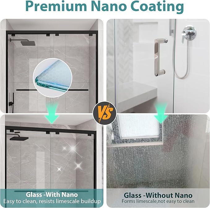 KPUY Glass Shower Door, 61-66" W x 76" H Semi-Frameless Double Sliding Shower Door, 1/4" (6mm) Thick Tempered Clear Glass with Explosion-Proof Film Nano Coating, Matte Black