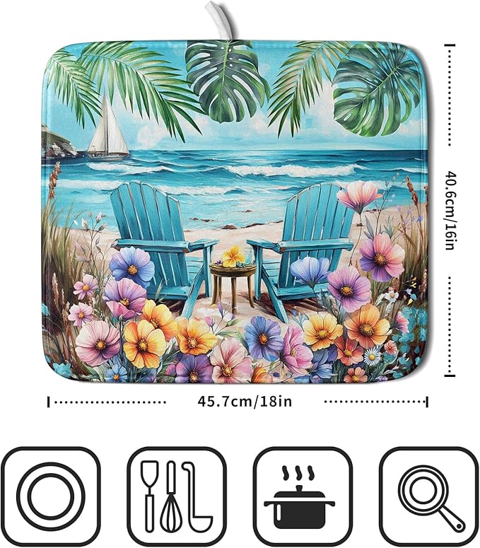 Spring Summer Sea Chair Dish Drying Mat for Kitchen Counter,Coastal Beach Palm Leaf Flowers Drying Mat 16 x 18 Inch with Absorbent Reversible Microfiber Drying Pad for Coffee Bar