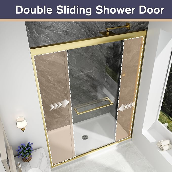 Double Sliding Shower Door, 49"-54" W x 70" H Semi-Frameless Glass Shower Door, 1/4'' (6mm) Clear SGCC Tempered Glass with Explosion-Proof Film and Nano Coating, Brushed Gold