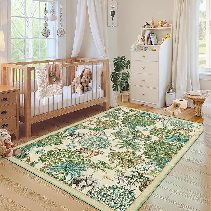 GarveeHome Jungle Animal Print Rug 4x6 Washable Area Rugs for Living Room, Forest Rug Non Slip Soft Low Pile Stain Resistance Throw Carpet for Bedroom Kids Playroom Nursery Beige