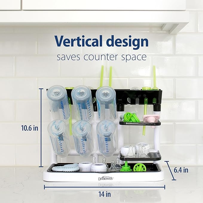 Dr. Brown's Drying Tower, Stand-Up Drying Rack, Countertop Baby Bottle Drying with Organized Storage for Baby Essentials, Space Saving Vertical Rack, Gray