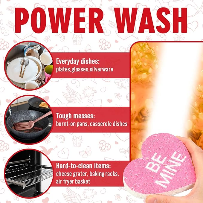 Whaline 8Pcs Valentine’s Day Kitchen Sponges Water Absorbing Dish Washing Sponge Red Pink Conversation Heart Non Scratch Cleaning Scrub Sponges for Holiday Home Kitchen Bathroom