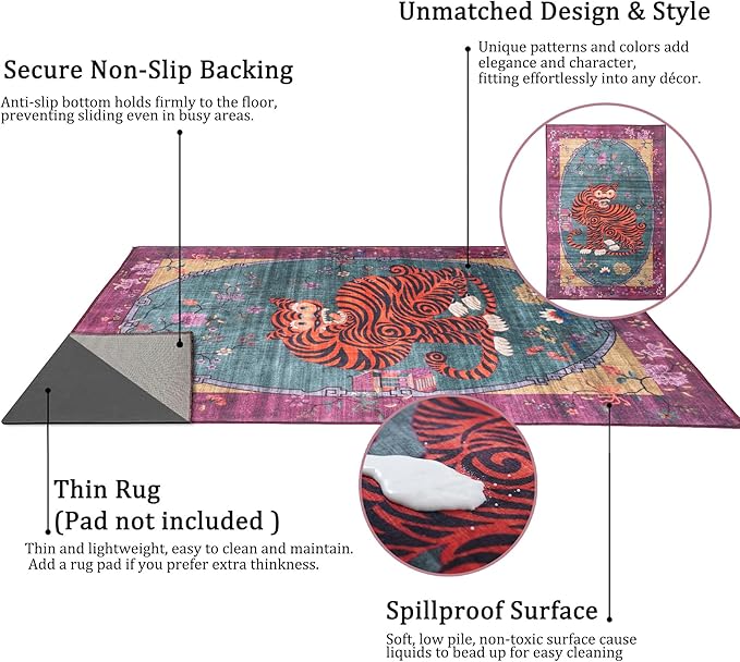 5X7 ft Tiger Rug Washable Oriental Traditional Animal Print Purple-Green Floral Tibetan Rugs for Bedroom Kitchen Living Room Indoor Entryway Carpet Thin Rug