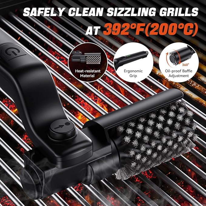 Electric Rotary Grill Brush for BBQ – 304 Stainless Steel Rotary Brush Head, Anti-Shedding Bristles, Rechargeable 3-Speed Power Control, Up to 90-Min Runtime, Outdoor Grill Cleaner Black