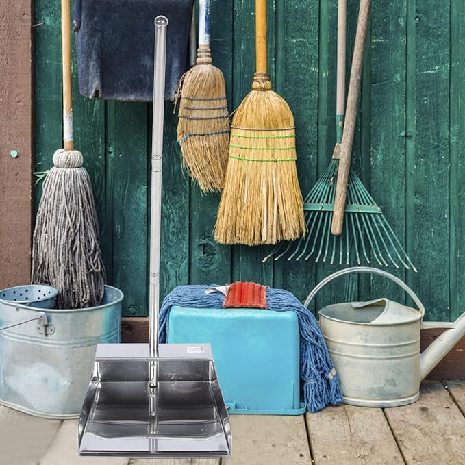 DOITOOL Dust Pan with Long Handle Stainless Steel Dustpan Upright Dustpan Garbage Standing Dustpans for Lobby Garage Home and Yard