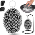 Cast Iron Scrubber & Scraper Set with Hook - Ergonomic 316 Chainmail Scrubber for Cast Iron Skillets, Dutch Oven, Baking Sheet, Crock Pot, Grills & More - Black Double Ring
