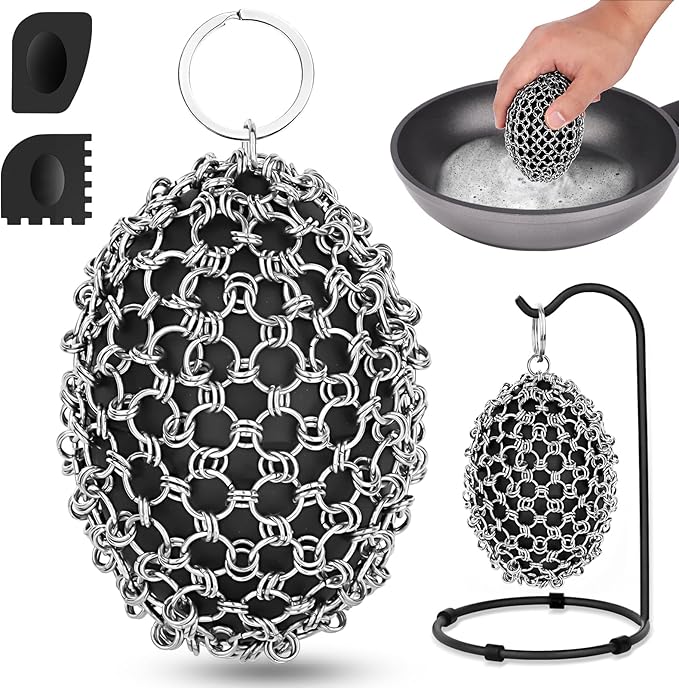 Cast Iron Scrubber & Scraper Set with Hook - Ergonomic 316 Chainmail Scrubber for Cast Iron Skillets, Dutch Oven, Baking Sheet, Crock Pot, Grills & More - Black Double Ring