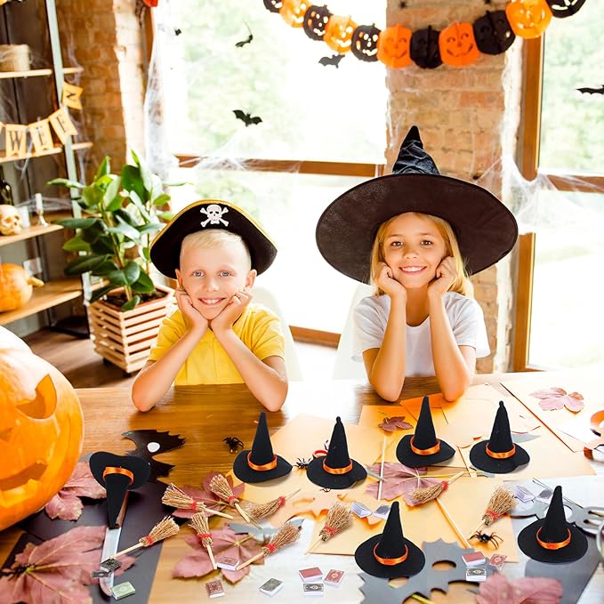 36 Pieces Mini Halloween Decorations 12 Mini Felt Witch Hats 12 Small Brooms 12 Miniature Dollhouse Books Tiny Witch Accessories Set for DIY Crafts Halloween Party Decor Supplies