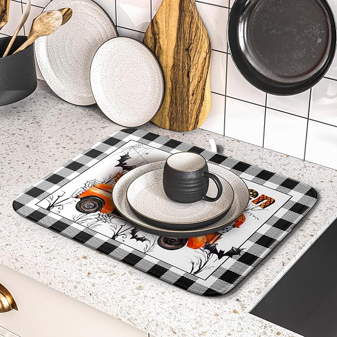 Holiday Truck Dish Drying Mat - Orange Holiday Absorbent Microfiber Dish Drying Pad for Kitchen Counter
