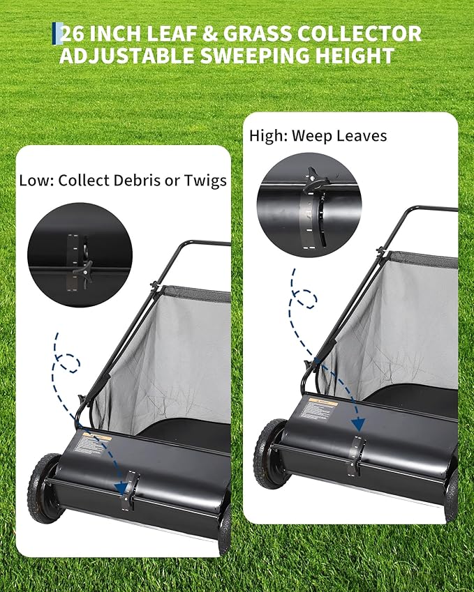 26-Inch Push Lawn Sweeper, 7 Cu. Ft. Hopper Capacity Leaf & Grass Collector with 4 Spinning Brushes, Adjustable Height, for Grass Clippings, Leaves & Debris, Black