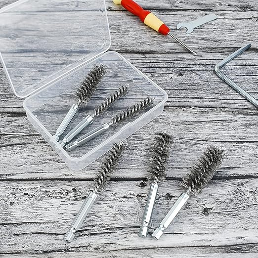6 Pcs Stainless Steel Bore Brush Set with 1/4" Hex Shank Twisted Wire Bristles, Different Sizes (8, 10, 12, 15, 17, 19mm) for Rust and Tube Cleaning