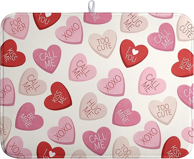 Valentine Love Heart Dish Drying Mat for Kitchen Counter 18x24 Inch Valentines Day Dish Mats Absorbent Microfiber Dish Draining Mat Reversible Dish Drying Rack Mat with Hanging Loop