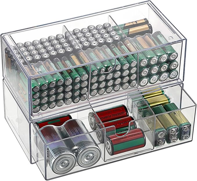 BTSKY 2 Pack Clear Acrylic Battery Storage Organizer for AA, AAA, 9V, C, D Batteries, 2-Drawer Storage Box Battery Holder for Common Types Batteries, Household Container(Batteries Not Included)