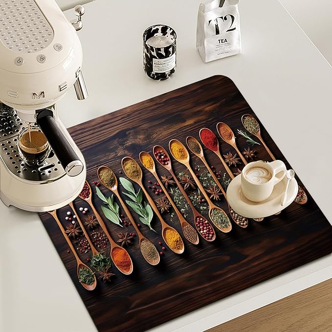 Kitchen Spices Dish Drying Mat - Delicious Spices Art Absorbent Dish Drying Mat for Kitchen Counter, Coffee Maker Bar Mat for Countertops, Dish Rack Drainer Mat,16x17.5 In,JL-GZD