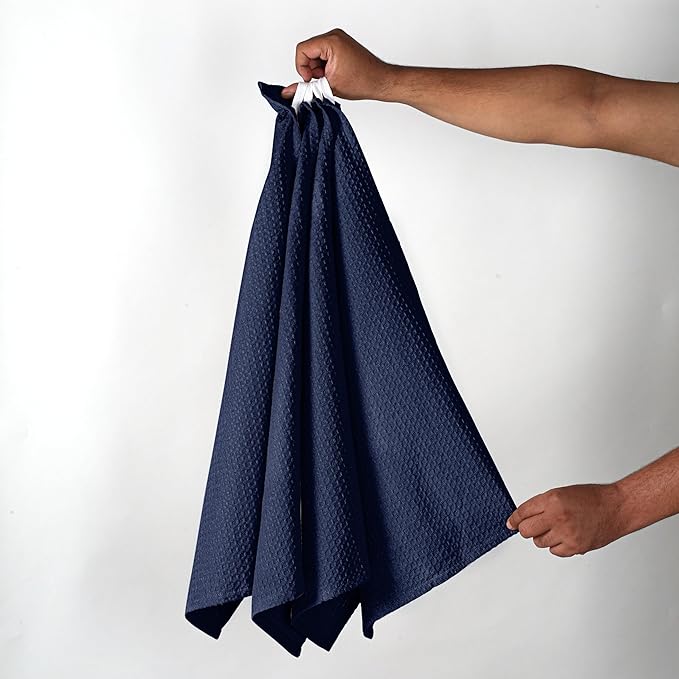 Navy Waffle Kitchen Towels, 16"x26", Soft, Absorbent, Durable, Quick Drying, 100% Cotton, Reusable, Machine Washable, Ideal for Cleaning, Multipurpose Dish Towels, Set of 4