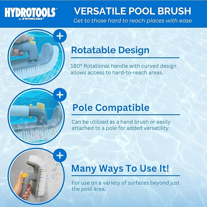 SWIMLINE HYDROTOOLS Pool Floor Wall Step Brush for Inground & Above Ground Pools | 180° Rotating Step & Corner Brush with EZ Clip for Hard-to-Reach Spots & Spa Walls