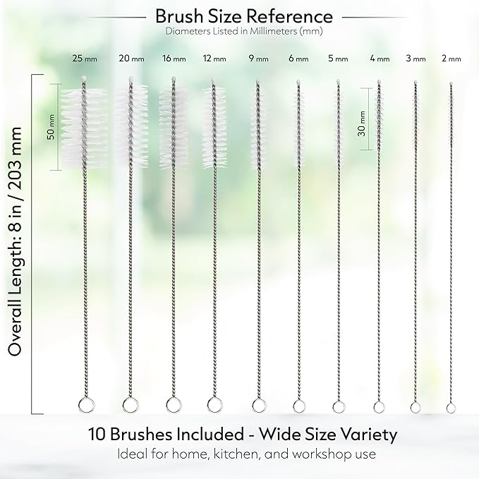Straw Cleaning Brush Set – 10 Pack, 8-Inch Nylon Tube Pipe Cleaners in 10 Different Sizes, Reusable for Bottles, Pipes & Kitchen Use