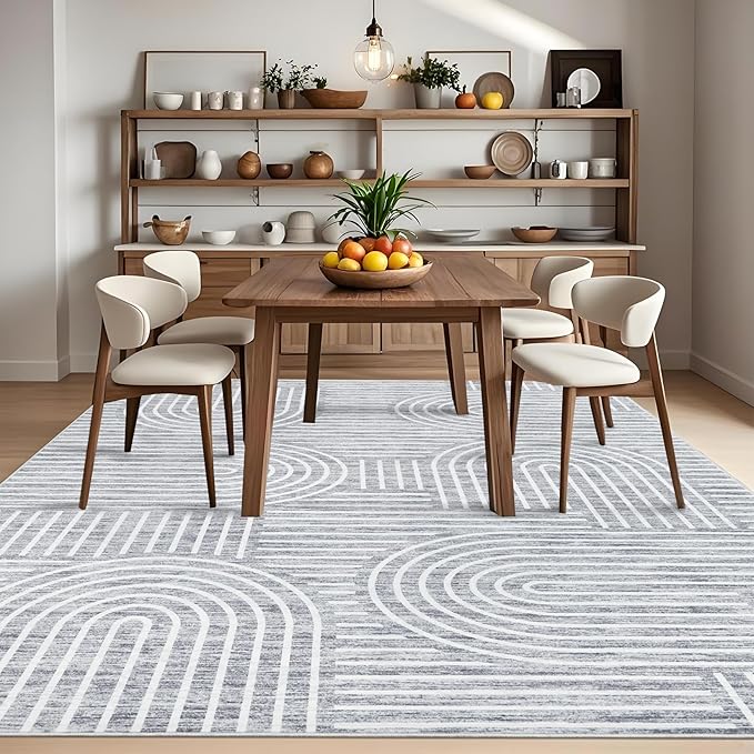 Washable Rug 3x5 Area Rugs for Living Room, Abstract Rug for Bedroom, Soft Rainbow Non Slip Throw Rugs with Rubber Back, Low Pile Stain Resistant Boho Geometric Carpet for Dining Room, Ash