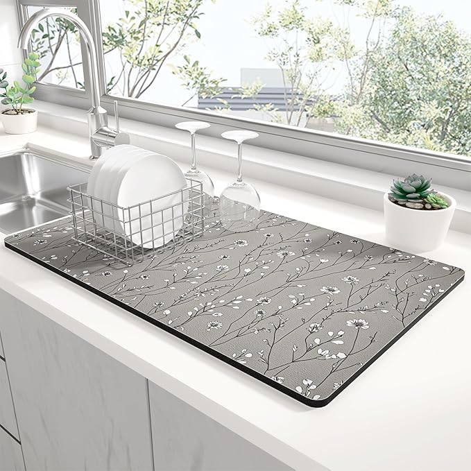 Rnivvi Dish Drying Mat for Kitchen Counter, XL 15 x 24" Cute Flower Theme Absorbent Draining Pad, Non-Slip Heat Resistant Coffee Bar Mats for Coffee Machine Station Accessories, Grey Dish Rack Pad