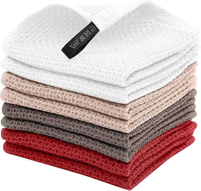 100% Cotton Kitchen Dish Towels, 12x12 Inch, 8-Pack, Super Absorbent & Reusable, Quick-Dry & Lint-Free, Ideal for Kitchen, Glass, Car, and Household Cleaning