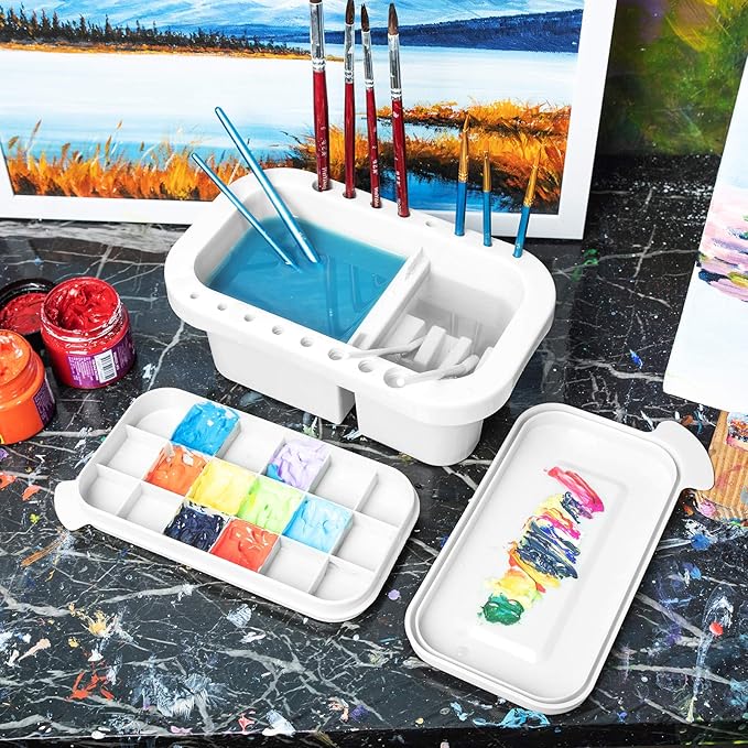 MyLifeUNIT Paint Brush Cleaner, Paint Brush Holder and Organizers with Palette for Acrylic, Watercolor, and Water-Based Paints (White)