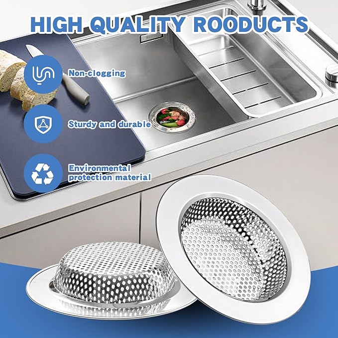 ROYEKDO 3PC Kitchen Sink Strainer Stainless Steel with CoarseMesh | 4.4 inch Wide Rim Drain Strainer | Fits Standard Sinks &Garbage Disposals (Silver)