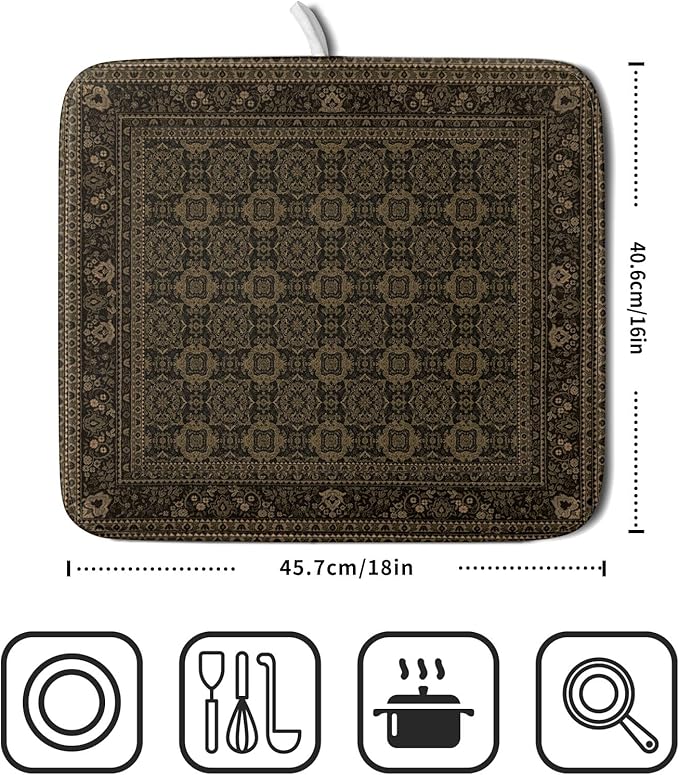 Brown Antique Tabriz Rug Dish Drying Mat for Kitchen Counter,Retro Turkish Vintage Floral Block Print Drying Mat 16 x 18 Inch with Absorbent Reversible Microfiber Drying Pad for Coffee Bar