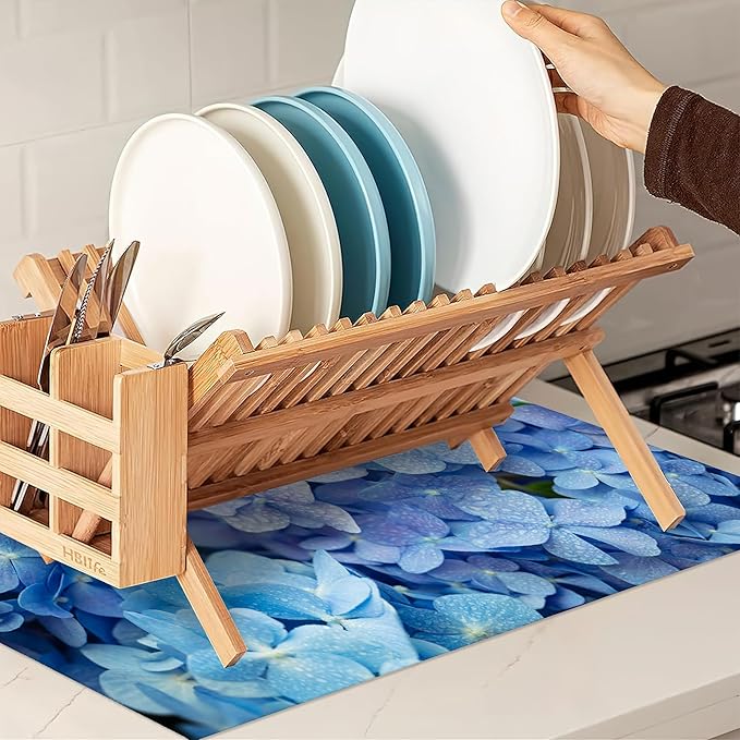Blue Hydrangea Flower Dish Drying Mats 18x24 Inch, Dish Pad Drying Rack Mat for Kitchen Counter Ultra Absorbent Microfiber Dishware Coffee Maker Bar Countertop Decor