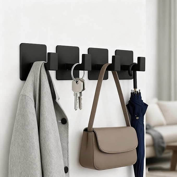 RUIGPRO Towel Hooks Adhesive No Drill, 2 Pack Matte Black Metal Hooks, Right Angle Design for Bathroom, Kitchen, Cabinet, Door, Holds Robes, Hats, Coats, Organizer for Smooth Surfaces