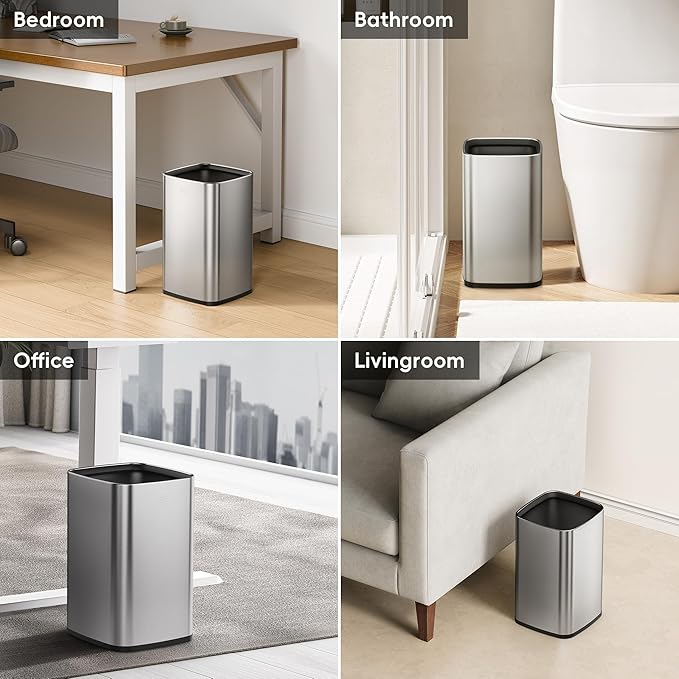 EKO 2-Pack Open Top Trash Can with Removable Inner Basket, Square Small Garbage Can, 1.8 + 3.2 Gallon Wastebasket Combo for Kitchen, Bathroom, Office, Home (Stainless Steel)