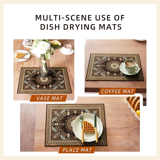 Dish Drying Mat Bohemian Absorbent Coffee Mat Rubber Backed Moroccan Soft Silicone Kitchen Dish Draining Mat for Kitchen Bathroom Coffee Bar (Moroccan, 16 x 24 Inches)