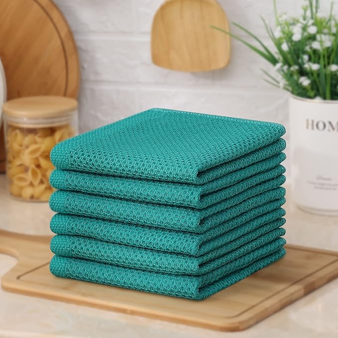 Kitinjoy 100% Cotton Kitchen Dish Cloths (12 X 12 Inches, Teal), 12 Pack Waffle Weave Ultra Soft Absorbent Dish Towels for Drying Dishes Quick Drying Kitchen Towels Dish Rags