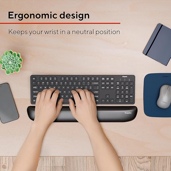STAPLES Gel Keyboard Wrist Rest, Ergonomic Non‑Slip Wrist Support Cushion for Comfortable Typing, Durable Gel‑Filled Design, Black Crystal
