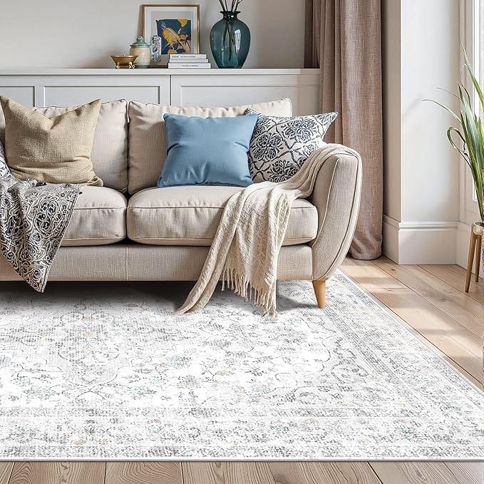 4x6 Area Rugs for Living Room, Bedroom, Small Washable Grey Rugs, Entryway Non Slip Rug, Neutral Floral Vintage Boho Soft Indoor Carpet for Nursery, Bathroom, Office