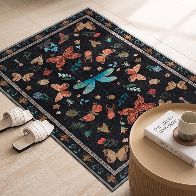 2x3 Washable Rug,Small Door Mat Floral Entryway Rug, Boho Front Door Mat, Non Slip Area Rugs, Low Pile Throw Accent Carpet for Indoor Entrance, Bathroom and Kitchen(Black 2x3ft)