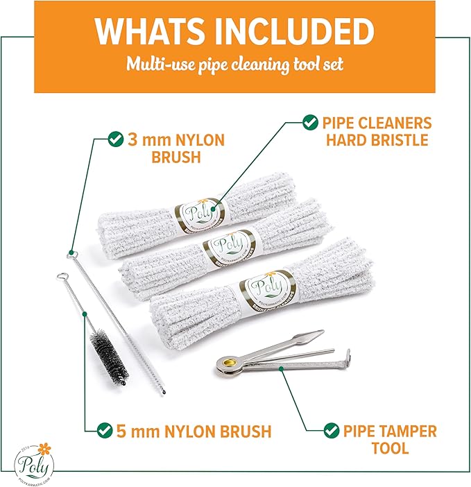 Pipe Cleaners Tool Set | 132 Hard Bristle Pipe Cleaners Bulk, 2 Nylon Bristle Brush, Tamper Tool | Nylon Bristles for Extra Scrub | Absorbent Cotton | Pipe Cleaners for Cleaning | Chenille Stems